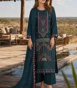 Teal silk semi stitched suit with embroidered & sequence work