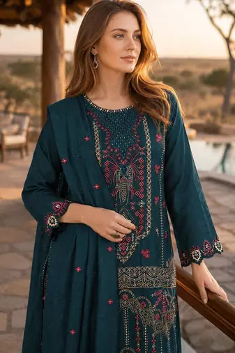 Teal silk semi stitched suit with embroidered & sequence work