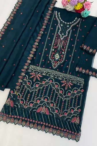 Teal silk semi stitched suit with embroidered & sequence work