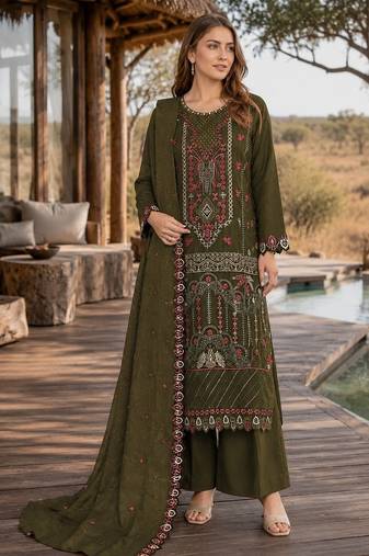 Mehendi silk semi stitched suit with embroidered & sequence work