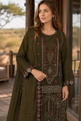 Mehendi silk semi stitched suit with embroidered & sequence work