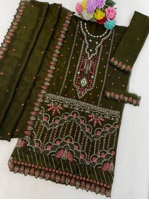 Mehendi silk suit with embroidered & sequin work 3