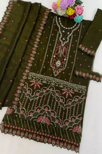 Mehendi silk semi stitched suit with embroidered & sequence work