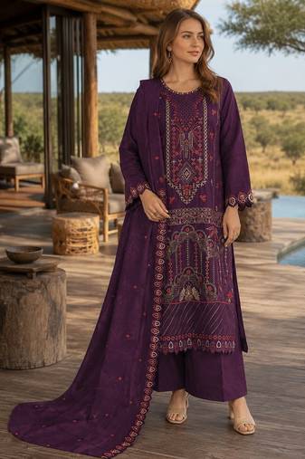 Purple silk semi stitched suit with embroidered & sequence work
