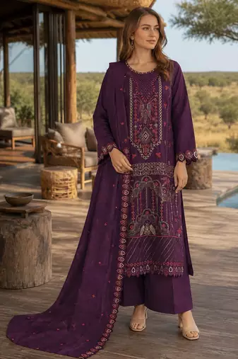 Purple silk semi stitched suit with embroidered & sequence work
