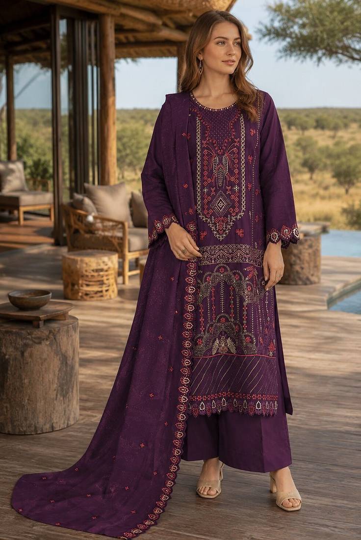 Purple silk semi stitched suit with embroidered & sequence work