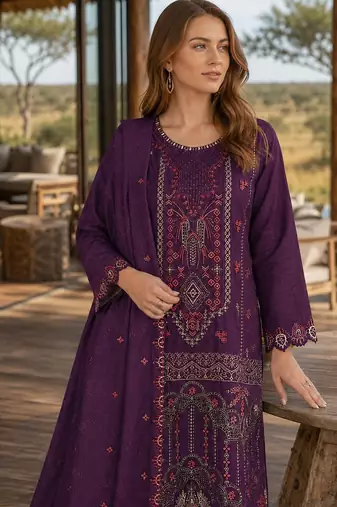 Purple silk semi stitched suit with embroidered & sequence work