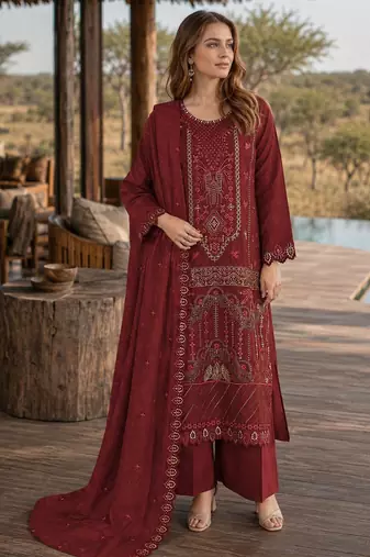 Maroon silk semi stitched suit with embroidered & sequence work