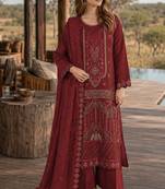 Maroon silk semi stitched suit with embroidered & sequence work