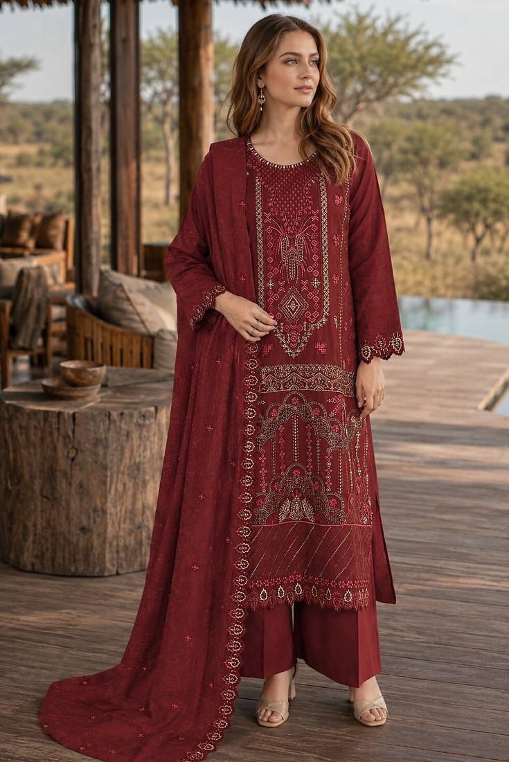 Maroon silk semi stitched suit with embroidered & sequence work