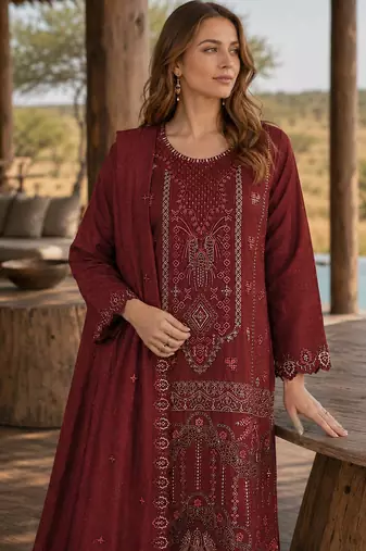 Maroon silk semi stitched suit with embroidered & sequence work