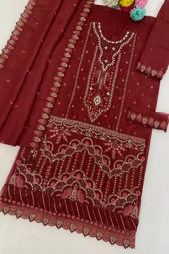 Maroon silk semi stitched suit with embroidered & sequence work