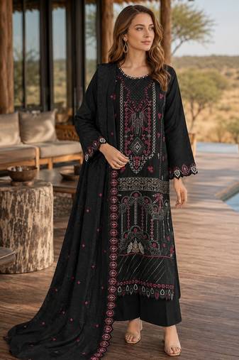 Black silk semi stitched suit with embroidered & sequence work