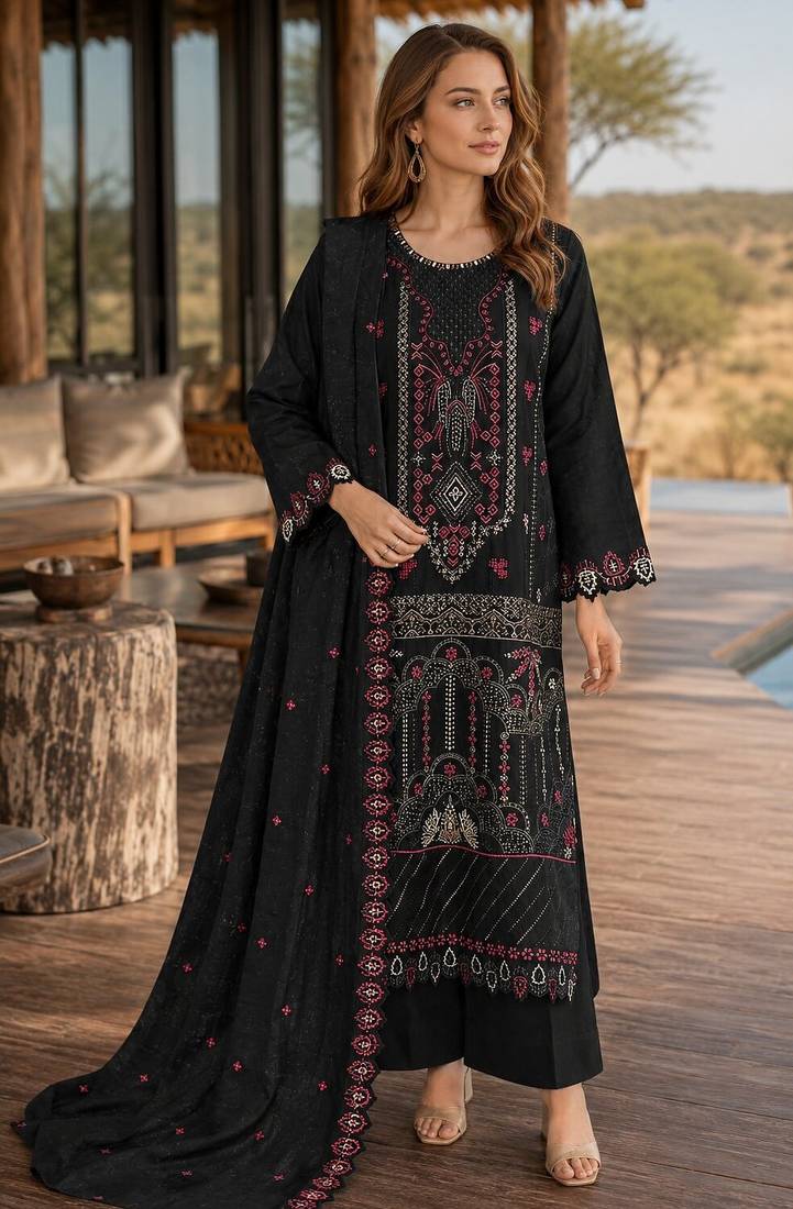 Black silk semi stitched suit with embroidered & sequence work