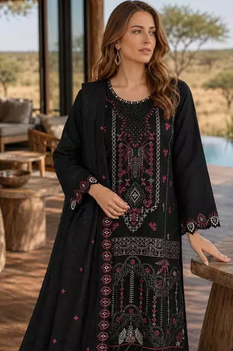Black silk semi stitched suit with embroidered & sequence work