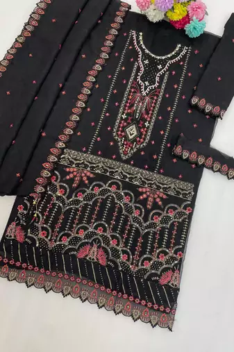 Black silk semi stitched suit with embroidered & sequence work
