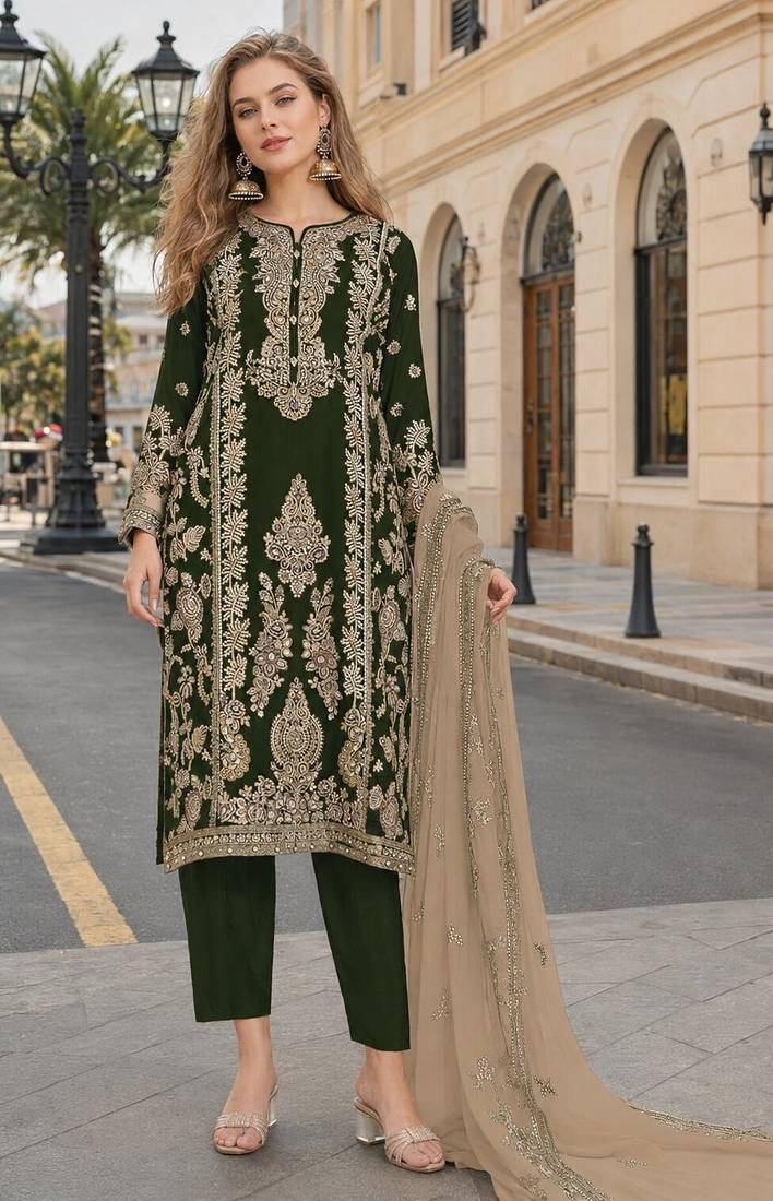 Black chinon semi stitched suit with embroidery sequence work
