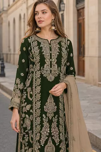 Black chinon semi stitched suit with embroidery sequence work