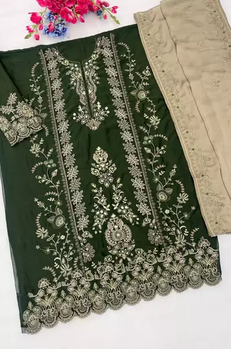 Black chinon semi stitched suit with embroidery sequence work