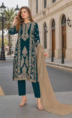 Teal blue chinon suit with embroidery sequin work 1