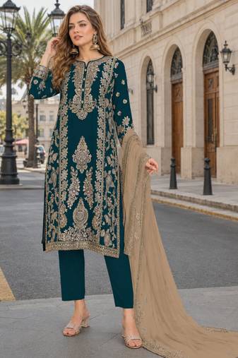 Teal blue chinon semi stitched suit with embroidery sequence work