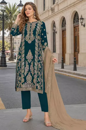 Teal blue chinon semi stitched suit with embroidery sequence work