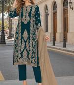 Teal blue chinon semi stitched suit with embroidery sequence work
