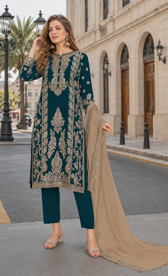 Teal blue chinon semi stitched suit with embroidery sequence work