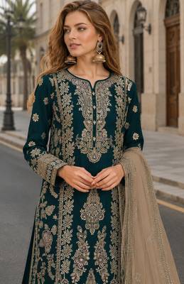 Teal blue chinon suit with embroidery sequin work 2
