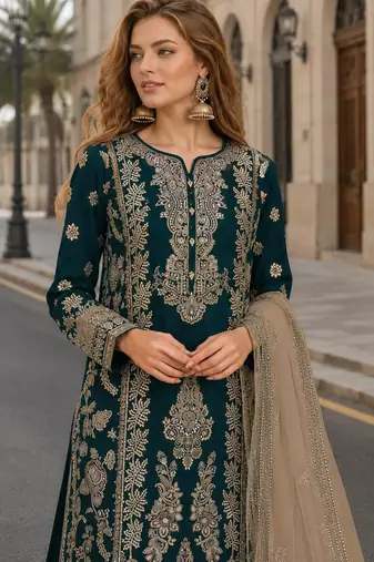 Teal blue chinon semi stitched suit with embroidery sequence work