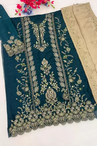 Teal blue chinon semi stitched suit with embroidery sequence work