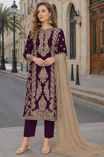 Purple chinon semi stitched suit with embroidery sequence work