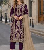 Purple chinon semi stitched suit with embroidery sequence work