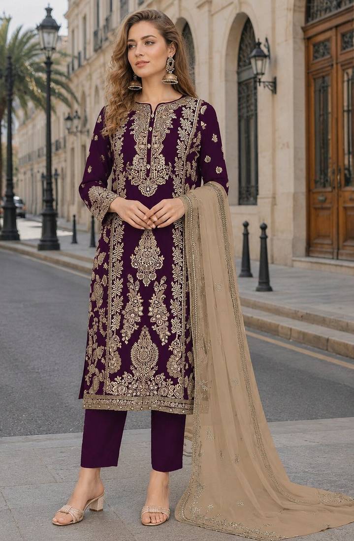 Purple chinon semi stitched suit with embroidery sequence work