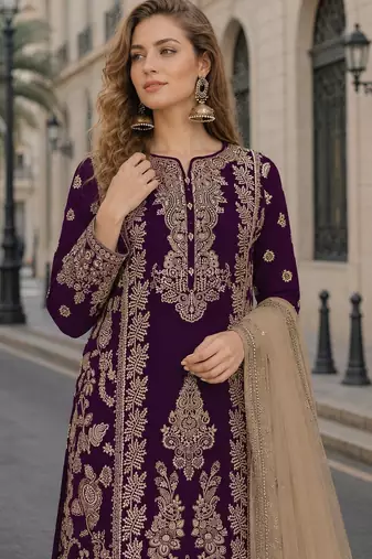 Purple chinon semi stitched suit with embroidery sequence work