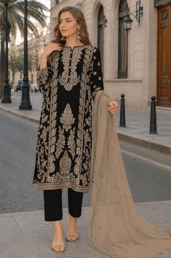 Mehendi chinon semi stitched suit with embroidery sequence work
