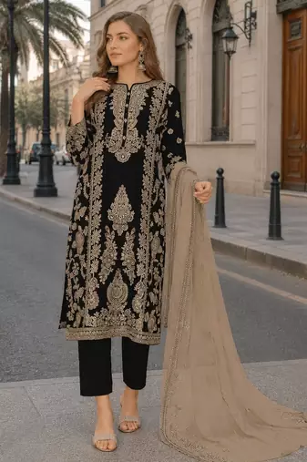 Mehendi chinon semi stitched suit with embroidery sequence work