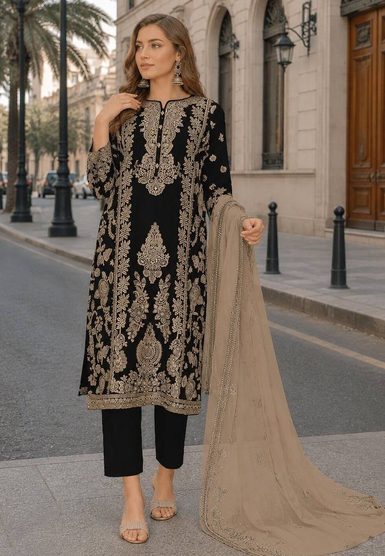 Mehendi chinon semi stitched suit with embroidery sequence work