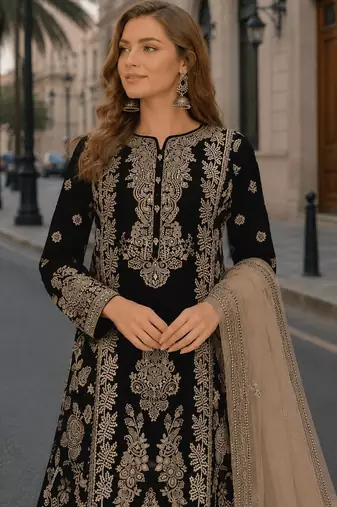 Mehendi chinon semi stitched suit with embroidery sequence work