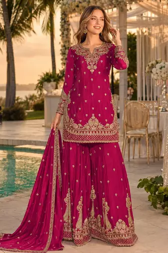 Magenta chinon semi stitched suit with embroidery & beats work