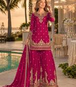 Magenta chinon semi stitched suit with embroidery & beats work