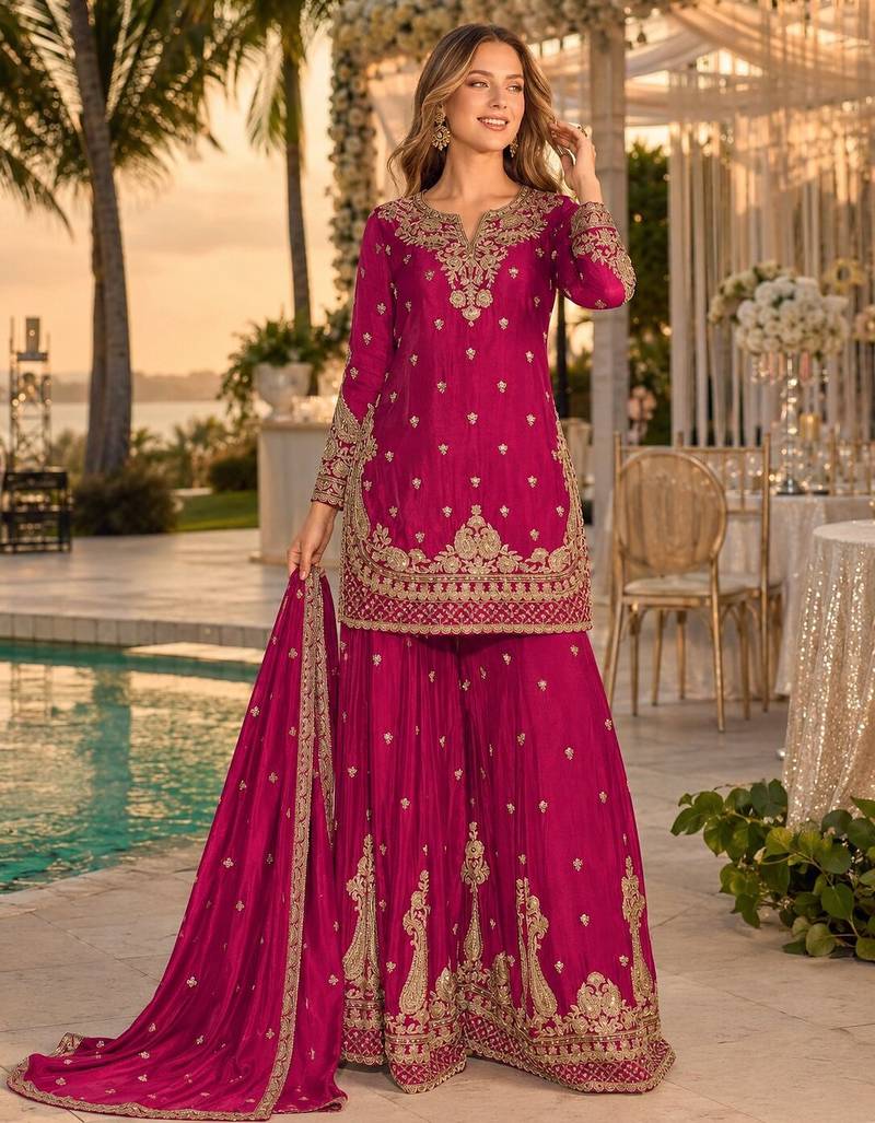 Magenta chinon semi stitched suit with embroidery & beats work