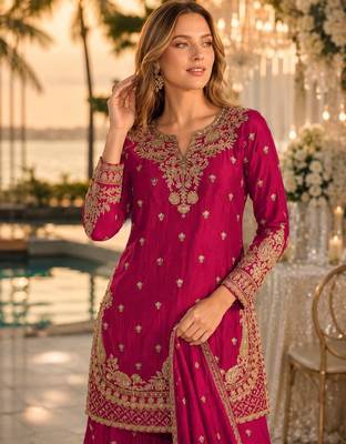 Magenta chinon semi stitched suit with embroidery & beats work 2