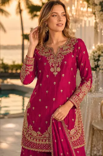 Magenta chinon semi stitched suit with embroidery & beats work