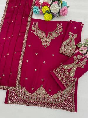 Magenta chinon semi stitched suit with embroidery & beats work 3