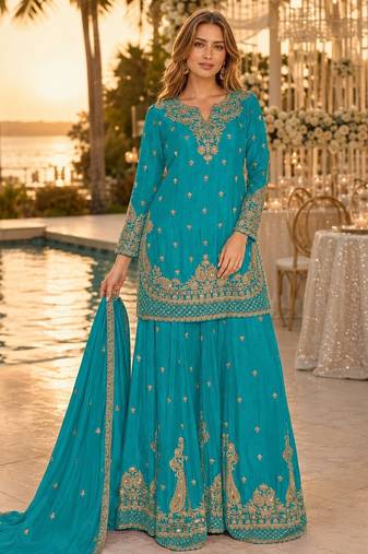 Blue chinon semi stitched suit with embroidery & beats work