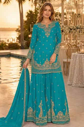 Blue chinon semi stitched suit with embroidery & beats work