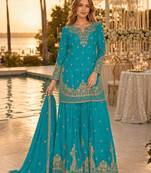 Blue chinon semi stitched suit with embroidery & beats work