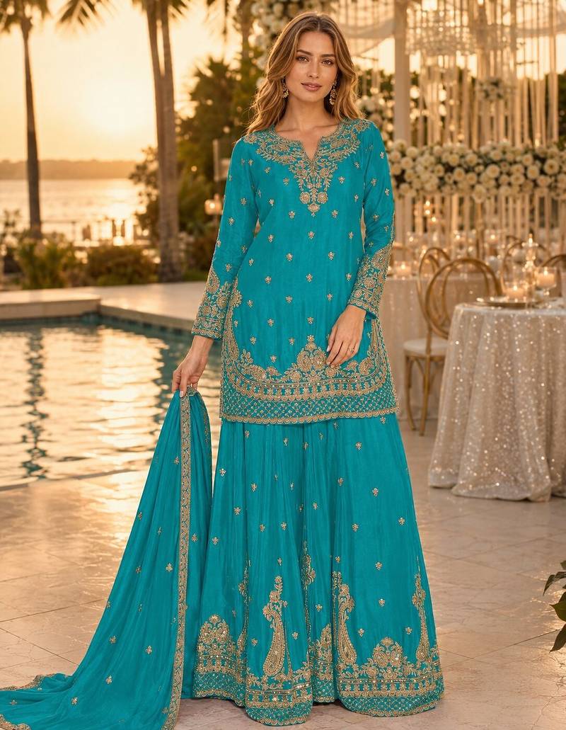 Blue chinon semi stitched suit with embroidery & beats work