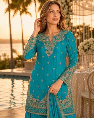 Blue chinon semi stitched suit with embroidery & beats work 2